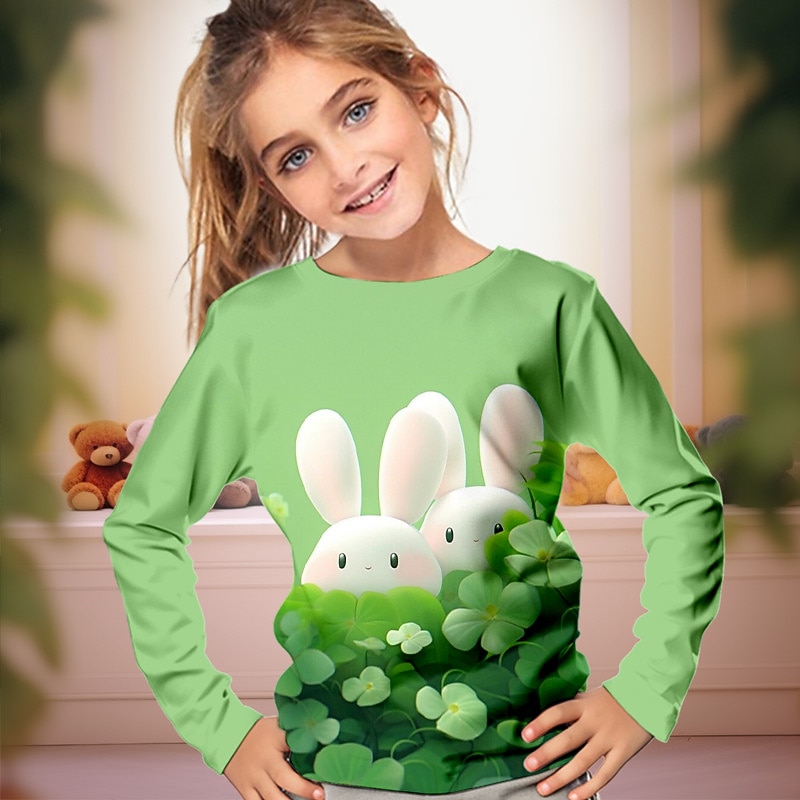 St. Patrick Girls' 3D Rabbit Four Leaf Clover Tee Shirt Pink Long Sleeve 3D Print Spring Fall Active Fashion Cute Polyester Kids 3-12 Years Crew Neck Outdoor Casual Daily Regular Fit