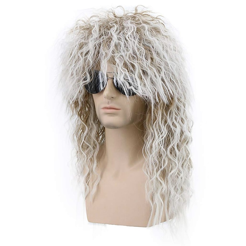 Men and Women Long Curly Brown Gradient White Wig 70s 80s Rocker Mullet Party Funny Wig Costume Wig Halloween Wigs