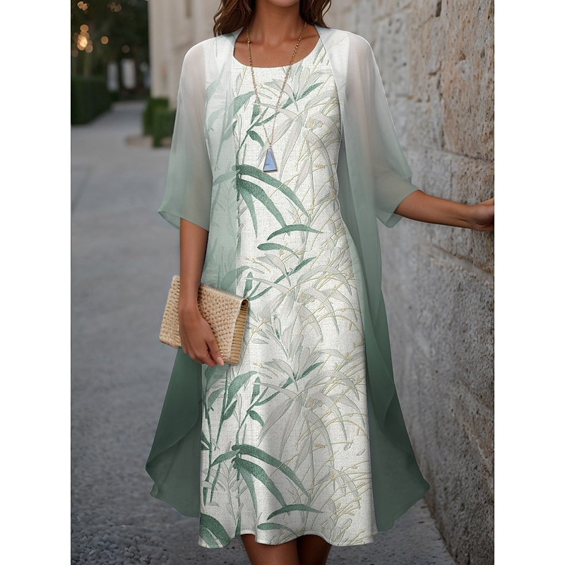 Women's Graduation Dress Midi Dress Two Piece Dress Set Wedding Guest Cocktail Dress Chiffon Outdoor Holiday Fashion Modern Print Casual  Elegant Spring Crew Neck Half Sleeve Leaf Blue Green Gray2