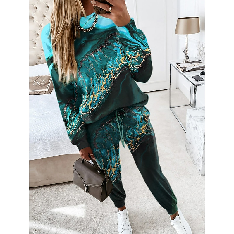 Women's 2 Pieces Sweatshirt Tracksuits Sports Daily Tracksuit Pants Sets Joggers Pants Trousers Long Sleeve Round Neck Graphic Abstract Drawstring Print Outdoor Casual Pink Blue Green2