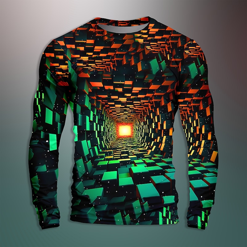 Men's Graphic Geometric Optical Illusion Visual Deception Long Sleeve T shirt 3D Print Crew Neck Shirt Daily Designer Artistic Party Casual Holiday Blue Dark Green Purple Fall Spring & Summer2