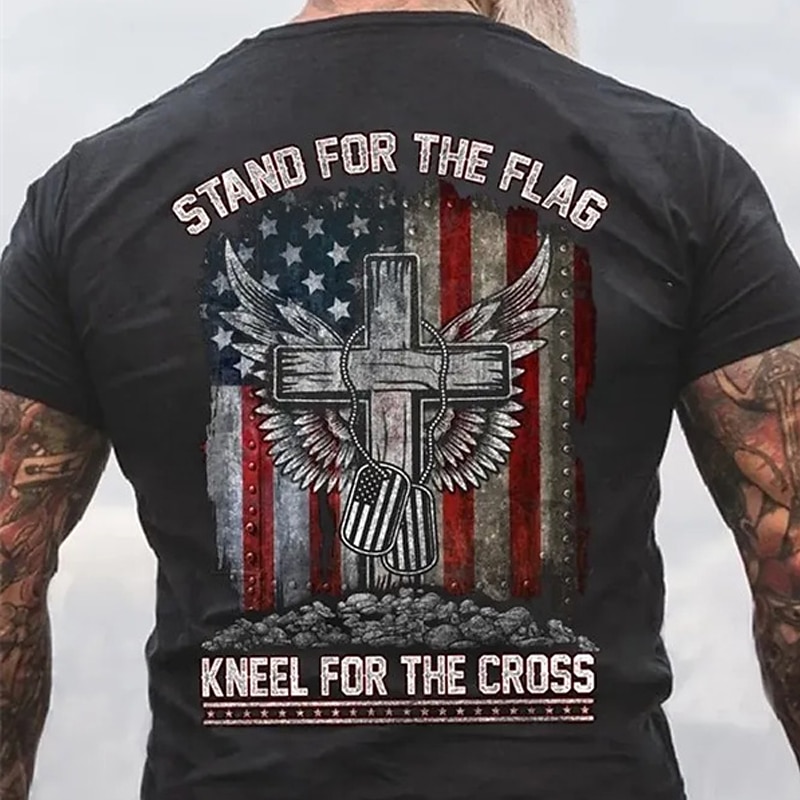 Men's Patriotic Christian Graphic T-Shirt with Flag Cross Design | Stand For The Flag Kneel For The Cross
