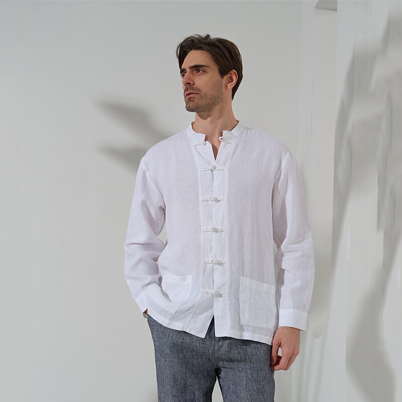 100% Linen Pocket Men's Shirt Linen Shirt Black White Navy Blue Long Sleeve Plain Standing Collar Spring &  Fall Outdoor Daily Clothing Apparel3