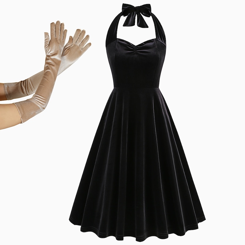 Retro Vintage 1950s Midi Swing Dress Flare Dress Sleeveless Halter Neck Fancy Dress Women's Masquerade Casual Daily Party / Cocktail Bachelorette Party Adults' Dress Gloves Homecoming Dresses3