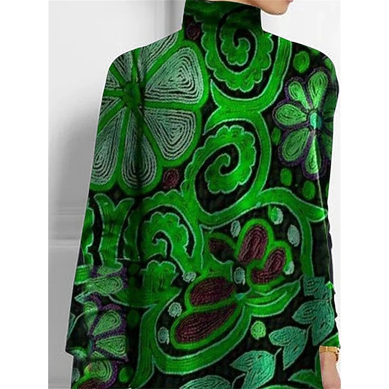 Women's T Shirt Fashion Floral Print Asymmetric Hem Long Sleeve Long Tops High Neck Casual Holiday Red Blue Green Spring &  Fall2