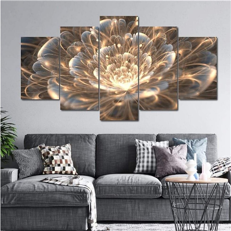 5 Panels Florals Prints Golden Rays Fractal Flower Modern Wall Art Wall Hanging Gift Home Decoration Rolled Canvas Unframed Unstretched Painting Core