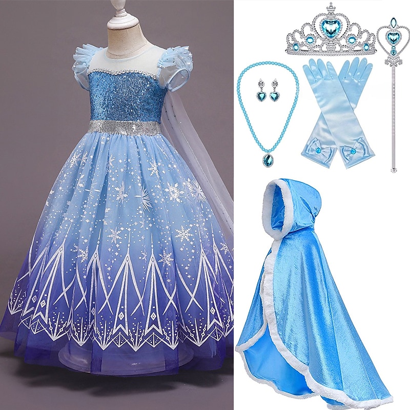Set With Princess Tulle Dress Hooded Cape Cloak Elsa Crown Gloves Wand Necklace Earings Girls Frozen Outfits Flower Girl Dress Movie Cosplay Cosplay Costume Carnival Party Children's World Book Day
