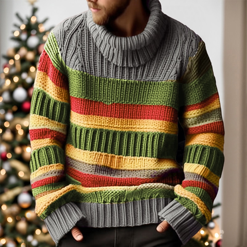 Men's Turtleneck Sweater Pullover Sweater Jumper Striped Sweater Ribbed Cable Knit Regular Knitted Color Block Turtleneck Keep Warm Modern Contemporary Daily Wear Going out Clothing Apparel Fall2