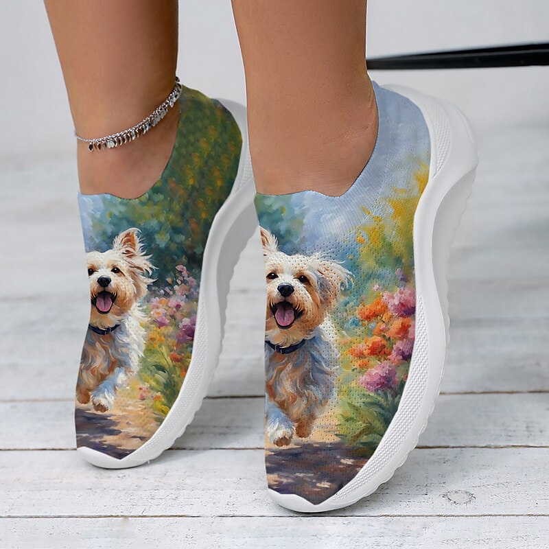 Women's Sneakers Slip-Ons Print Shoes Animal Print Plus Size Outdoor Daily Dog 3D Flat Heel Fashion Casual Tissage Volant Green2