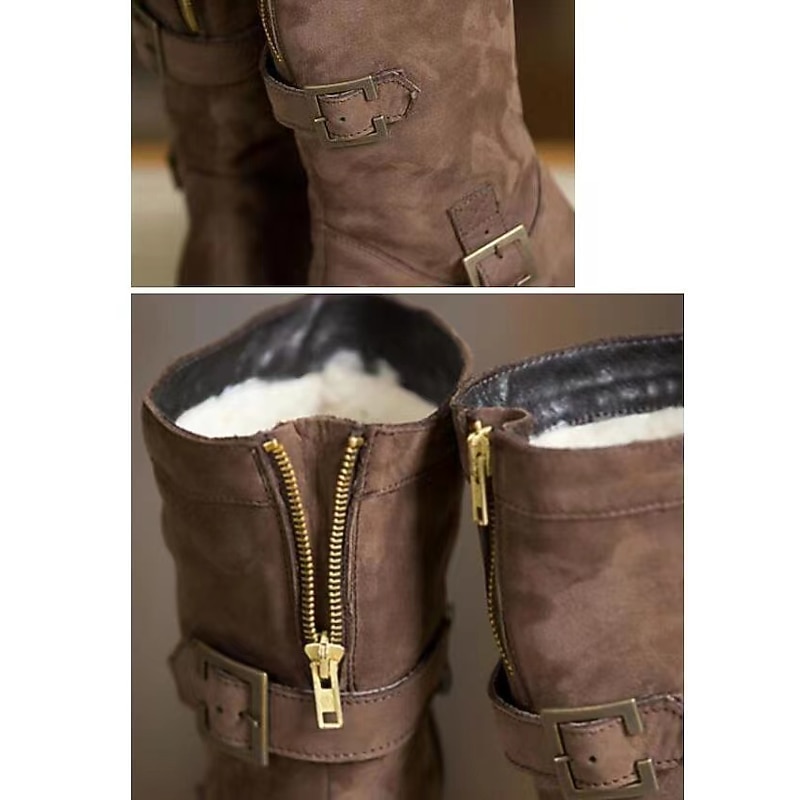 Women's Brown Faux Leather Motorcycle Boots with Buckle Straps and Faux Fur Lining - Mid-Calf Winter Boots with Zipper Closure for Casual and Outdoor Wear2