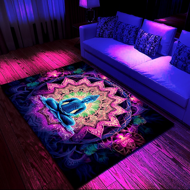 Blacklight Rug UV Reactive Glow in the Dark Area Rug Kitchen Mat Non-Slip Oil Proof Trippy Buddha Floor Mat Livingroom Rug Indoor Outdoor Mat Bedroom Decor Bathroom Mat Entrance Rug Door Mat4