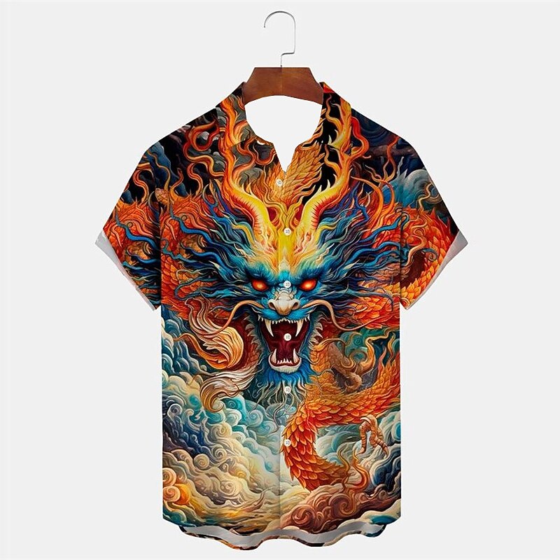 Men's Tiger Dragon Shirt Button Up Shirt Short Sleeve Artistic Abstract Daily Wear Going out Weekend Autumn / Fall Turndown Print Button-Down Pink Blue Khaki