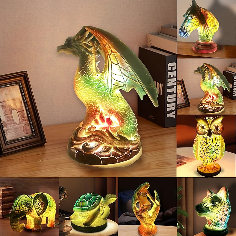 Animal Table Lamp Series, Stained Resin Table Lamp Night Light, Stained Resin Animal Night Light, Stained Resin Lamp for Bedroom Animal Lovers Home Decor 10*15CM/3.93*5.9INCH (3pcs Button Batteries)