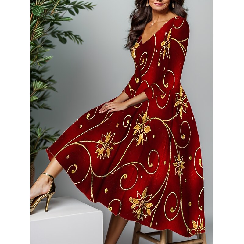 New Year Women's Midi Dress A Line Dress Winter Dress Swing Dress Semi Formal Dress Fashion Streetwear Modern Formal Outdoor Party Regular Fit Floral Snowflake 3/4 Length Sleeve V Neck Black Wine Red