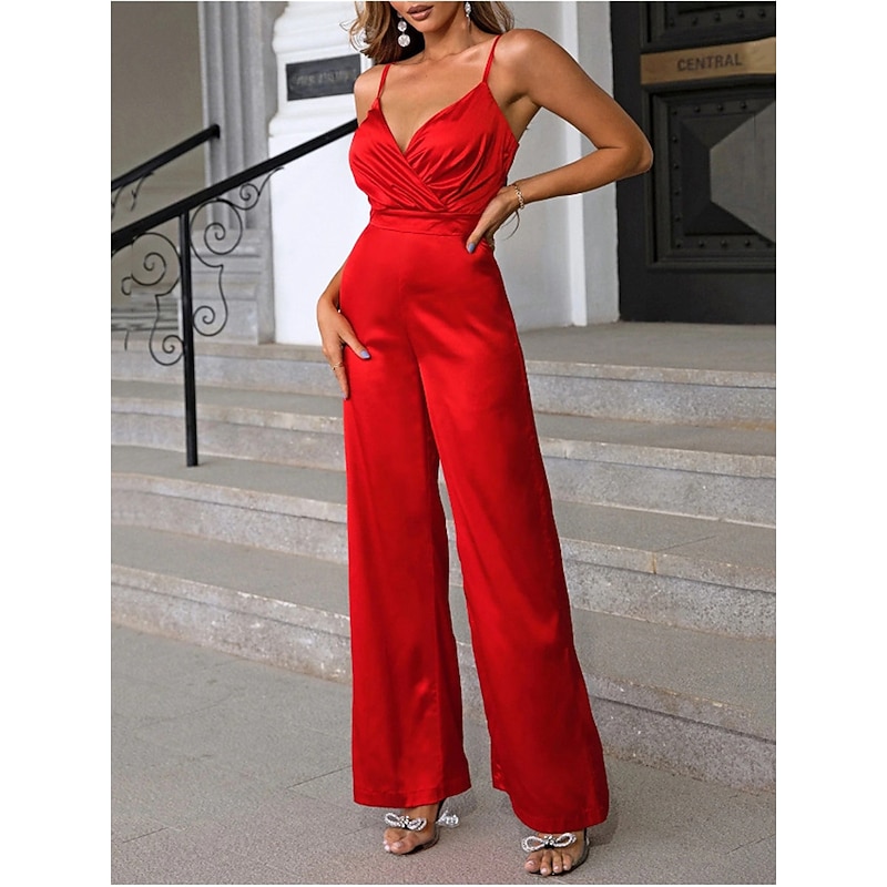Women's Normal Jumpsuit Streetwear Solid Color Sleeveless V Neck Backless High Waist Party Street Regular Fit Black Red Blue Spring