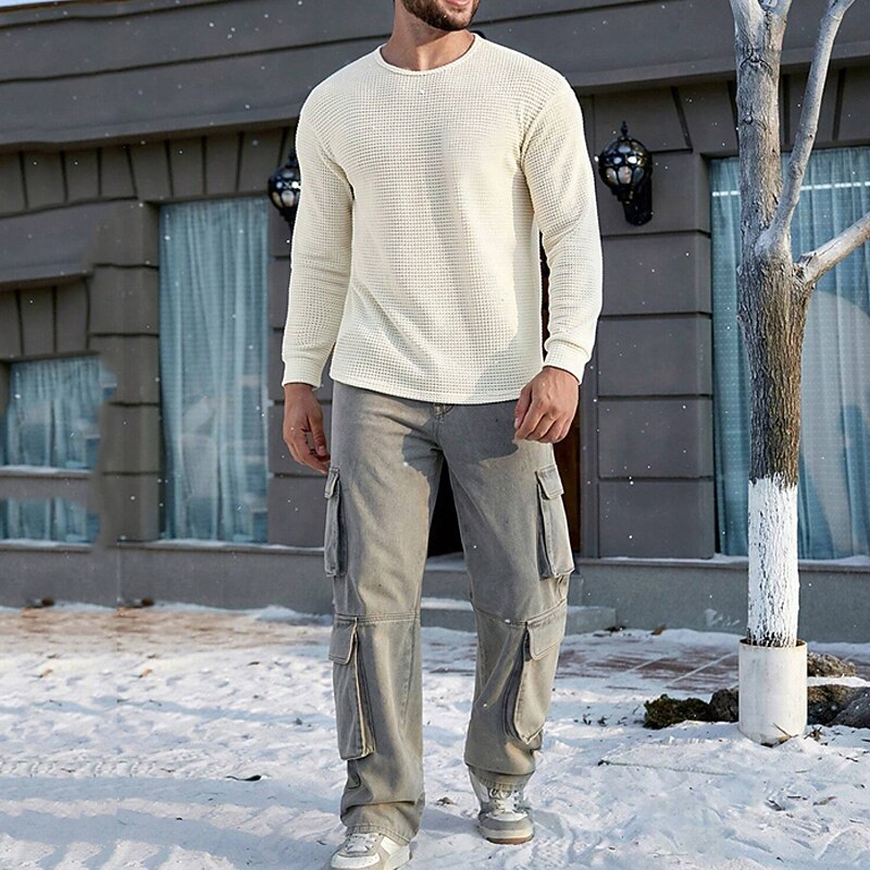 Men's Waffle Tee T Shirt Waffle Knit Tee Tee Top Long Sleeve Crew Neck Spring &  Fall Plain Fashion Designer Basic Front Pocket Vacation Street Going out White Khaki Top Tee for Men4