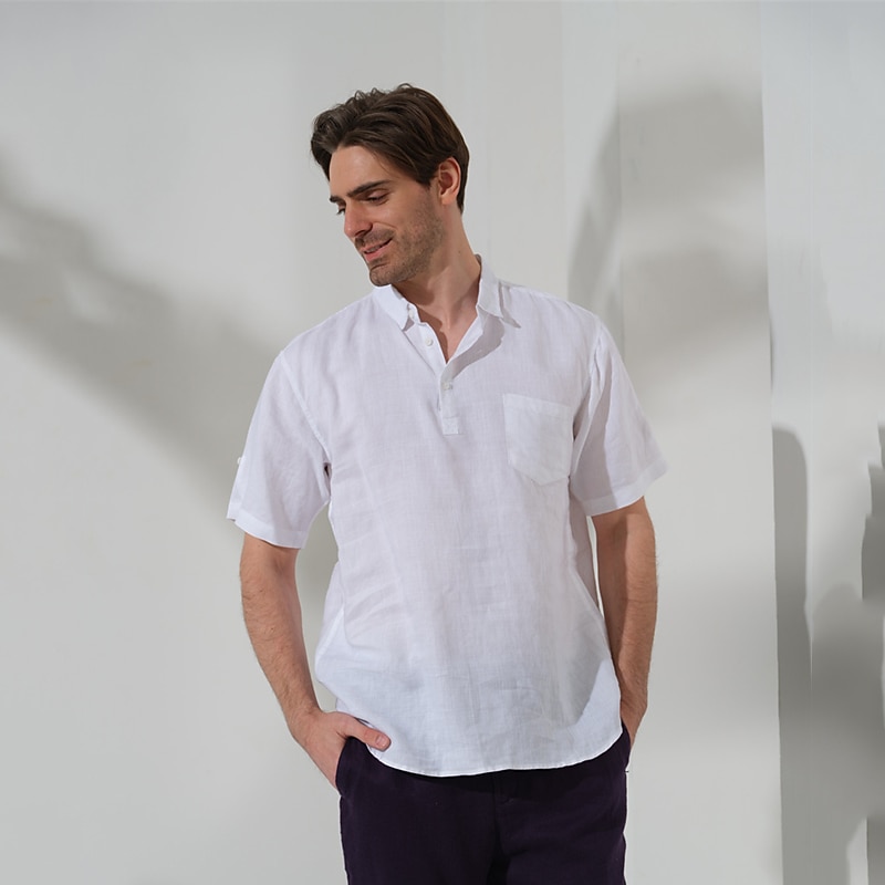 100% Linen Front Pocket Men's Shirt Linen Shirt Black White Dark Blue Short Sleeve Plain Lapel Summer Outdoor Daily Clothing Apparel2