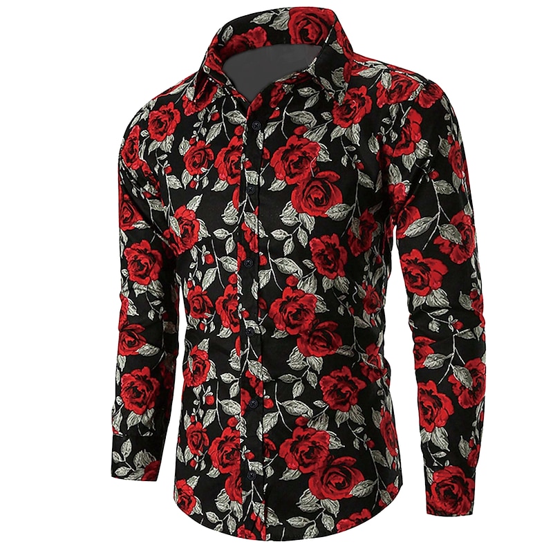 Valentine's Day Men's Rose Floral Print Shirt Button Up Shirt Long Sleeve Casual Vacation Casual Daily Weekend Spring & Summer Fall & Winter Turndown Print Button-Down Violet Yellow Red Blue Fuchsia