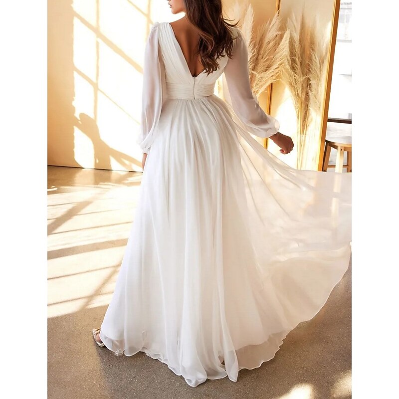 Beach Wedding Reception Little White Dresses Wedding Dresses A-Line V Neck Long Sleeve Floor Length Chiffon Bridal Gowns With Ruched2