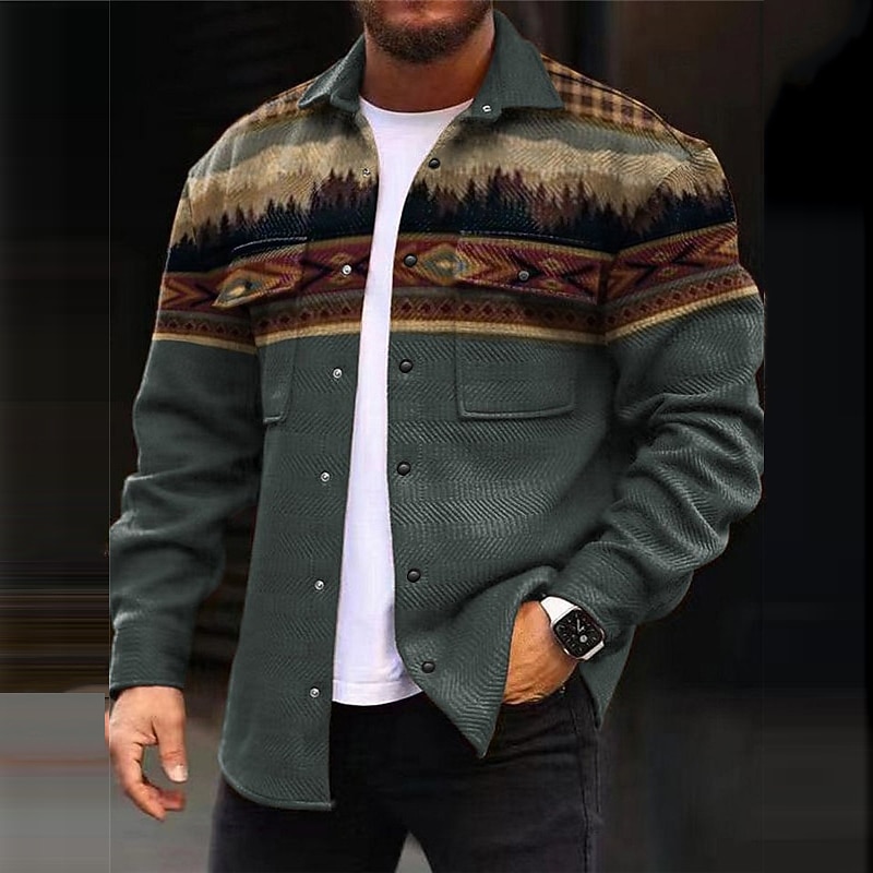 Men's Tribal Geometry Ethnic Shirt Shirt Jacket Overshirt Long Sleeve Vintage Casual Tribal Outdoor Street Casual Daily Fall & Winter Turndown Buttons Pocket Print Blue Brown Gray