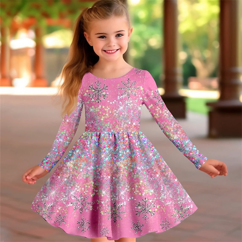 Girls' 3D Snowflake Dress Pink Long Sleeve 3D Print Spring Fall Vacation Sports & Outdoor Daily Cute Casual Beautiful Kids 3-12 Years Casual Dress A Line Dress Above Knee Regular Fit