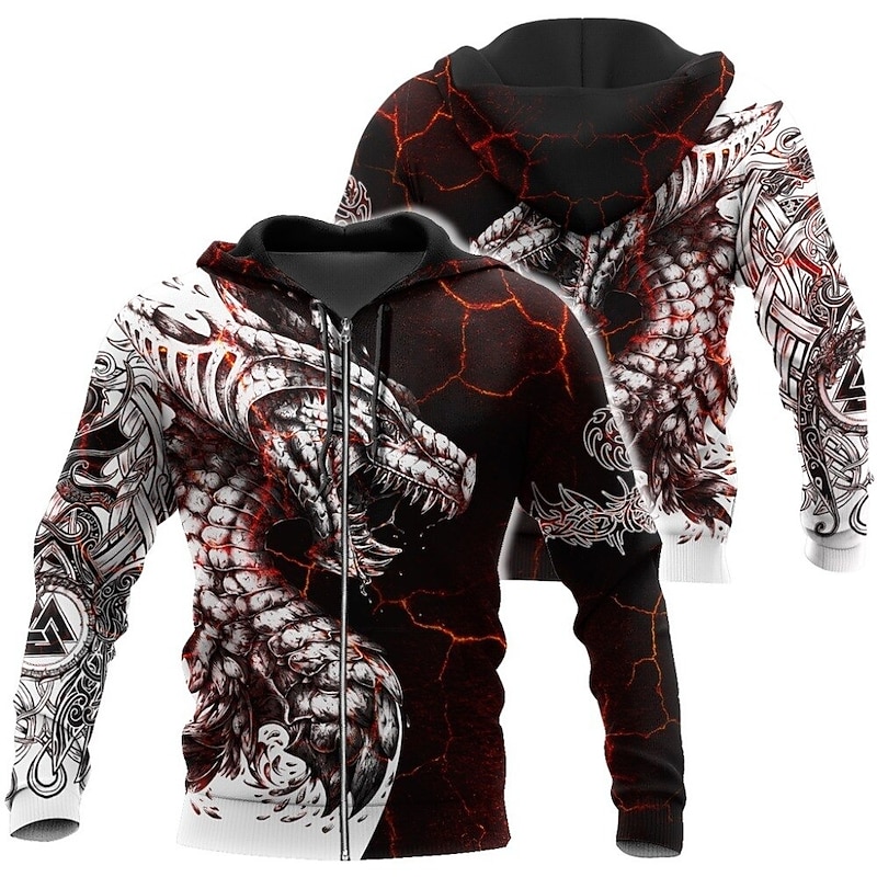 Men's Dragon Graphic Prints Hoodie Hoodies Sweatshirt Streetwear Designer Long Sleeve Hooded Sports & Outdoor Daily Sports Wine Red Red+Gray Zipper Print Spring &  Fall Designer3