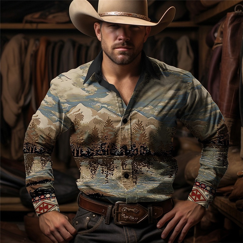 Men's Cowboy Western Shirt Button Up Shirt Cowboy Shirt Long Sleeve Vintage Western Style Casual Daily Spring Fall & Winter Turndown Collared Shirts 3D Print Front Pocket Brown Green Gray