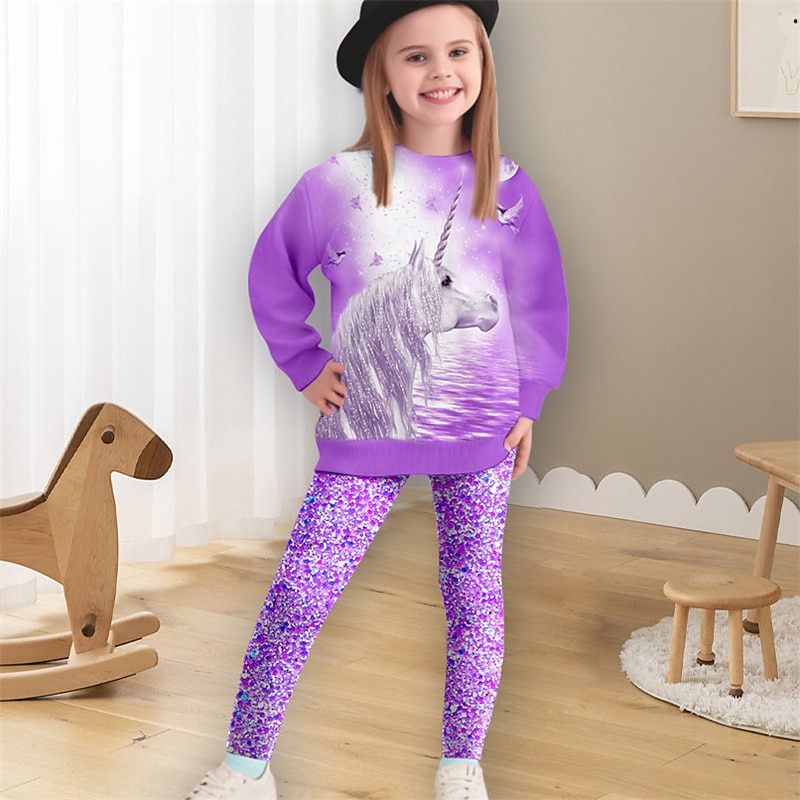 Girls' 3D Unicorn Sweatshirt & Legging Set Pink Long Sleeve 3D Print Spring Fall Active Fashion Daily Kids 3-12 Years Crew Neck Outdoor Vacation Date Regular Fit