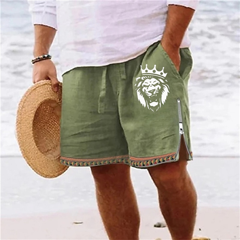 Men's Lion Shorts Summer Shorts Beach Shorts Mid Waist Hawaiian Casual Daily Holiday Going out Drawstring Zipper Elastic Waist Designer Clothing Apparel