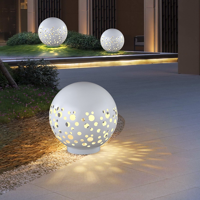 Waterproof Round Metal Hollow White Modern Outdoor Lanterns Lawn Lamp 110-240V4
