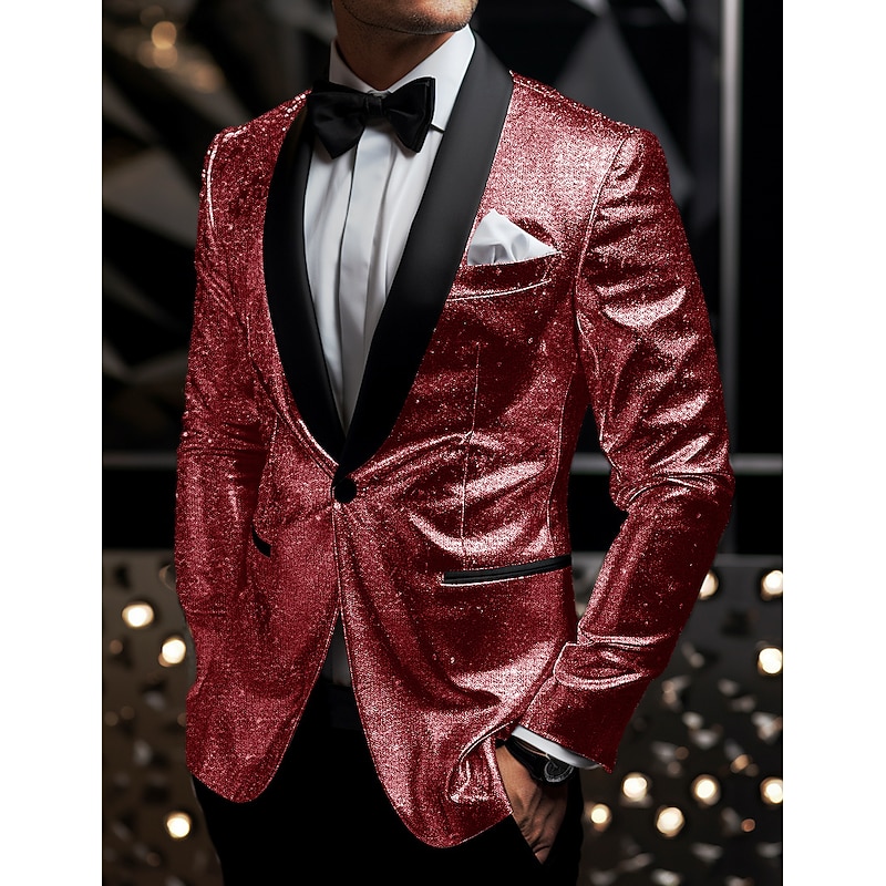 Men's Graduation Blazer Business Cocktail Party Wedding Party Fashion Casual Spring &  Fall Polyester Sequin Pocket Buttons Comfortable Single Breasted Blazer Silver Black Burgundy Royal Blue3