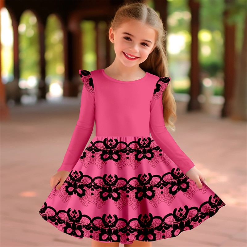Carnival Girls' 3D Floral Ruffle Dress Pink Long Sleeve 3D Print Spring Fall Vacation Sports & Outdoor Daily Cute Casual Beautiful Kids 3-12 Years Casual Dress A Line Dress Above Knee Regular Fit3