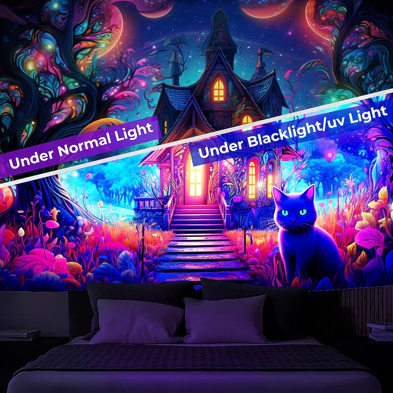 Blacklight Tapestry UV Reactive Glow in the Dark Glow Party Neon Magic Castle Cat Nature Psychedelic Trippy Misty Hanging Tapestry Wall Art Mural for Living Room Bedroom3