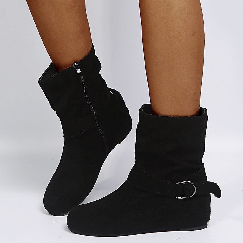 Women's Black Faux Suede Ankle Boots with Side Zipper and Buckle Detail - Perfect for Casual and Everyday Wear2