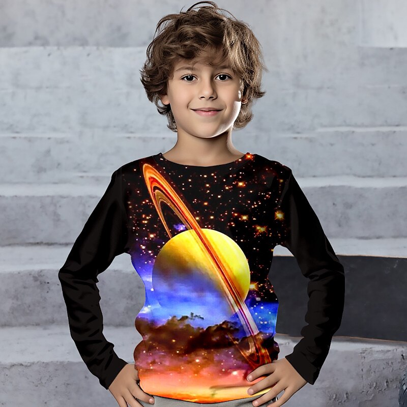Boys 3D Galaxy Tee Shirts Long Sleeve 3D Print Spring Fall Sports Fashion Streetwear Kids 3-12 Years Crew Neck Outdoor Casual Daily Regular Fit