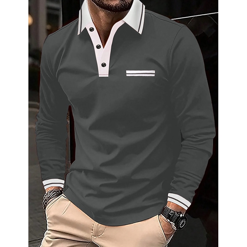 Men's Polo Shirt Button Up Polos Casual Sports Lapel Long Sleeve Fashion Basic Color Block Button Pocket Spring &  Fall Regular Fit Navy Wine Dark Gray Light Grey Polo Shirt2