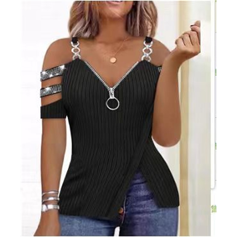 Shirt Blouse Women's Black Pink Red Sparkly Sequins Cut Out Casual Fashion V Neck Regular Fit S3