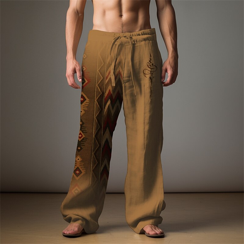 Men's Ethnic Linen Pants Pants Trousers Baggy Pants Mid Waist Vintage Outdoor Daily Wear Streetwear Fall & Winter Blue Green Khaki3