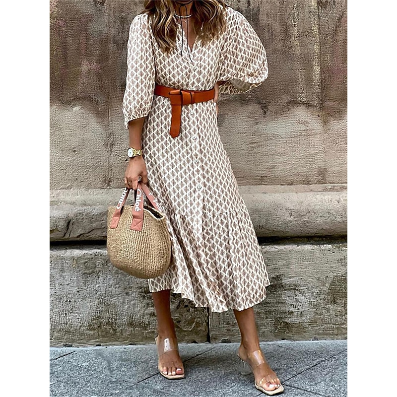 Women's Midi Dress Casual Dress Boho Chic Dresses Bohemia Streetwear A Line Vacation Street Holiday Loose Fit Floral Long Sleeve V Neck Khaki Summer Spring3