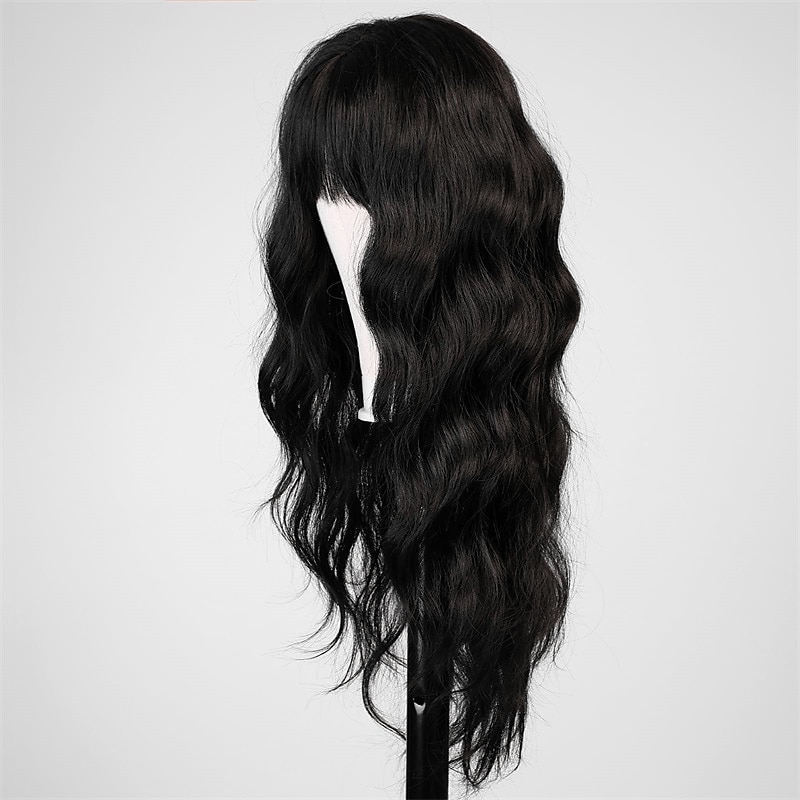 Black Wig with Bangs for Women Long Wavy Hair Wig Black Wig Curly Wavy Synthetic Wigs for Girls Daily Party Use4