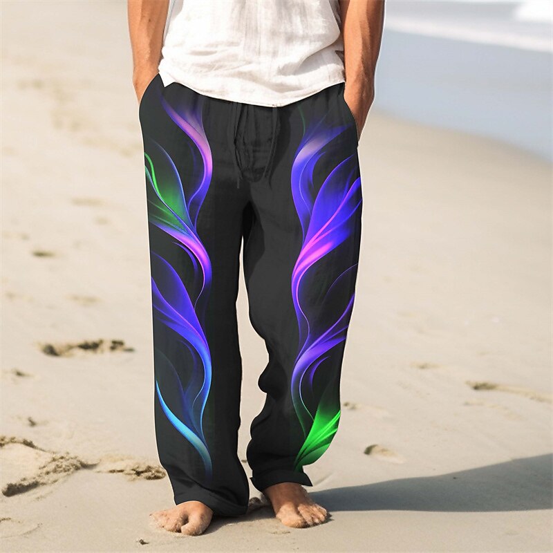 Men's Flame Linen Pants Pants Trousers Baggy Pants Mid Waist Vintage Outdoor Daily Wear Streetwear Fall & Winter Yellow Red Blue2