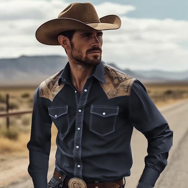 Men's Cowboy Shirt Western Shirt Cowboy Shirt Long Sleeve Tropical Fashion Designer Outdoor Daily Fall & Winter Turndown Print Button-Down Black Yellow Navy Blue Green