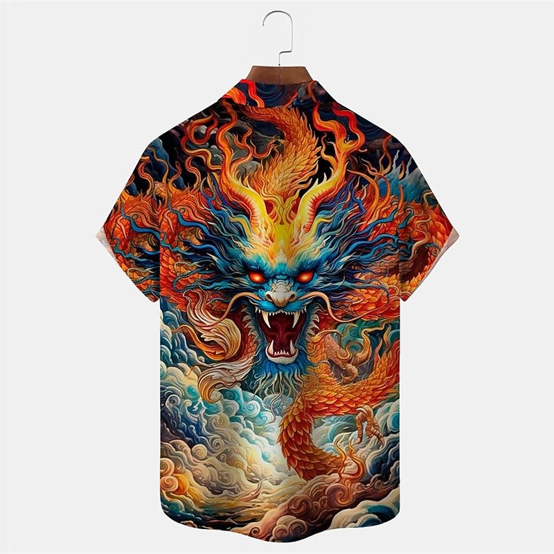 Men's Tiger Dragon Shirt Button Up Shirt Short Sleeve Artistic Abstract Daily Wear Going out Weekend Autumn / Fall Turndown Print Button-Down Pink Blue Khaki2
