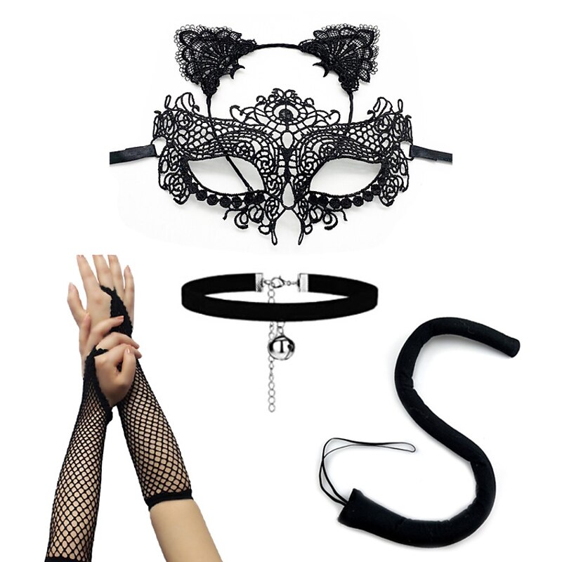 Carnival  Sexy Princess Cat Dress Black Lace Mask Cat's Ears (Steamed Cat-ear Shaped Bread) Hair Hoop Dance Mask Set4