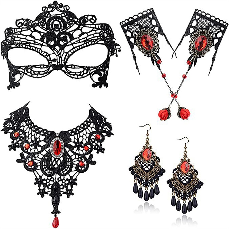 Euro-american CARNIVAL Necklace Bracelet Earring Set Lace vintage alloy fringe bracelet Ring Earring Mask2