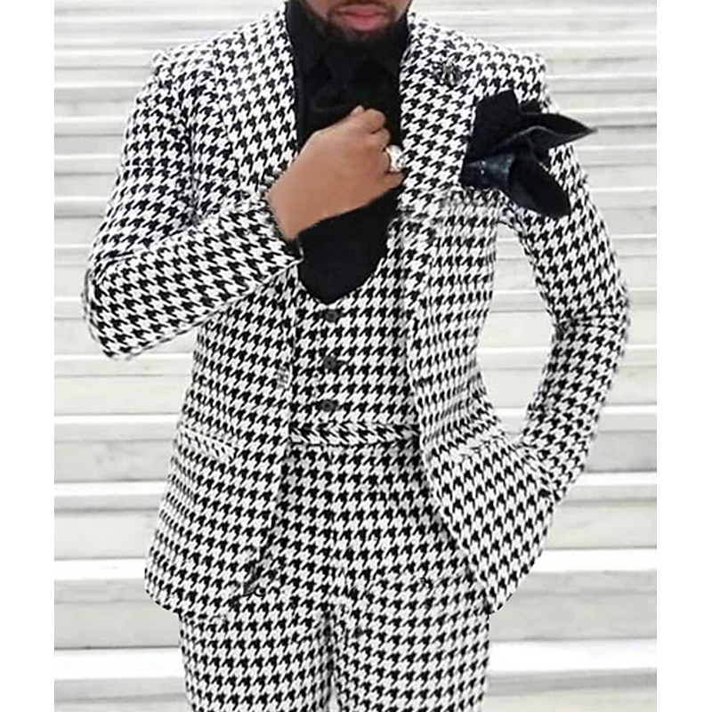 Men's Wedding Suits Peak Black White Fashion Business Houndstooth Tailored Fit 3 Piece Single Breasted One-button