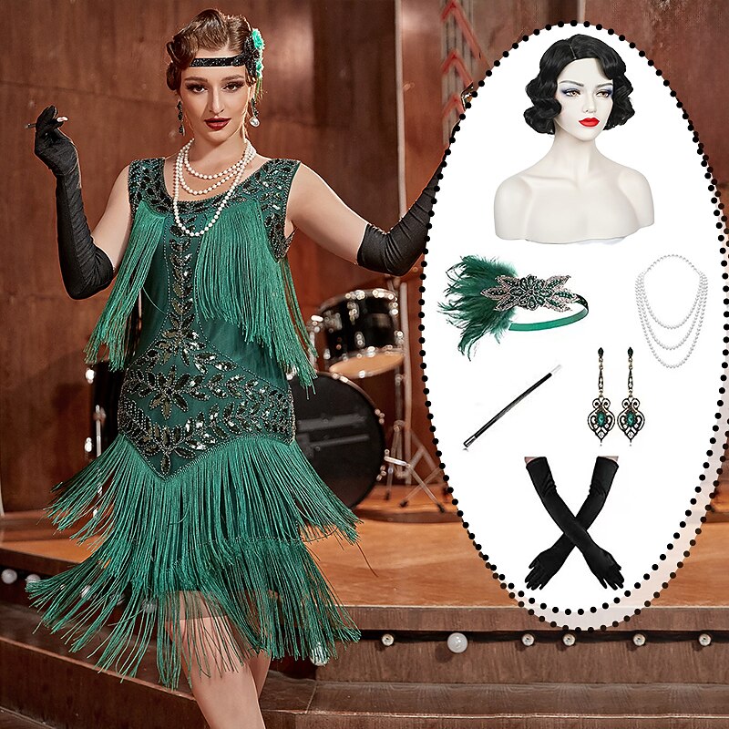 Set with Flapper Dress Black Finger Wave Wig Headband Long Opera Gloves Necklace Earings Cigarette Holder Women's Roaring 20s 1920s Flapper Girl Cocktail Masquerade Outfits The Great Gatsby Costume2