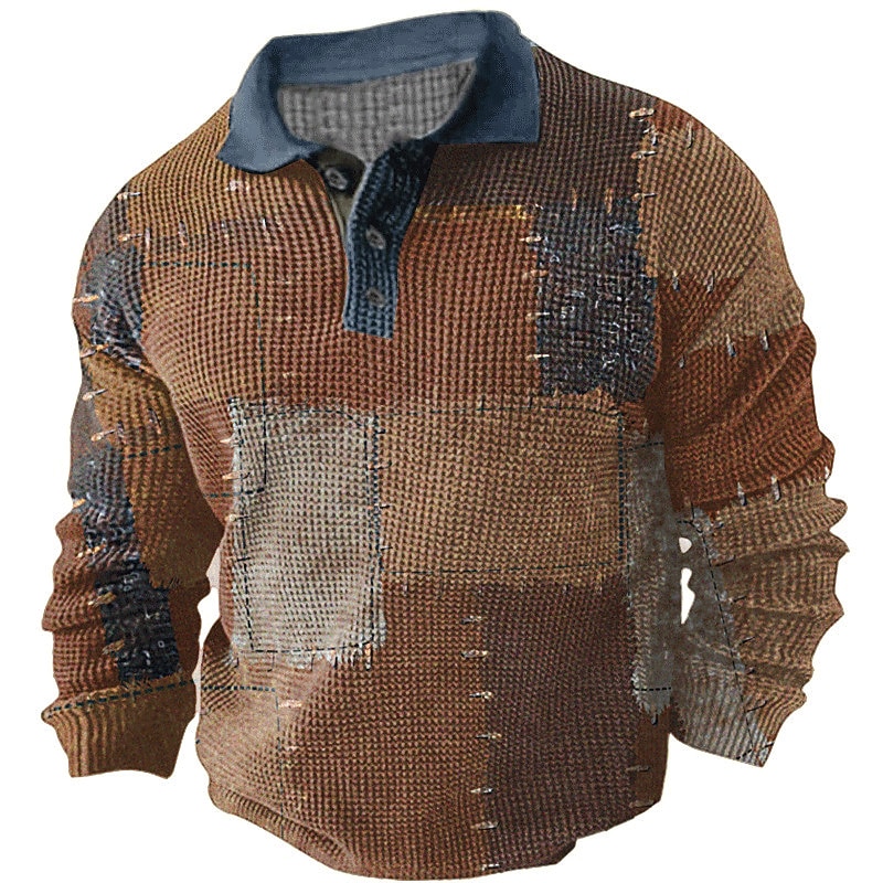 Men's Plaid Waffle Polo Shirts Golf Shirt Long Sleeve Polo Shirts Collared Shirts Vintage Casual Vacation Wear Formal Wear Festival Wear Buttons 3D Print Fall & Winter Blue Brown Green