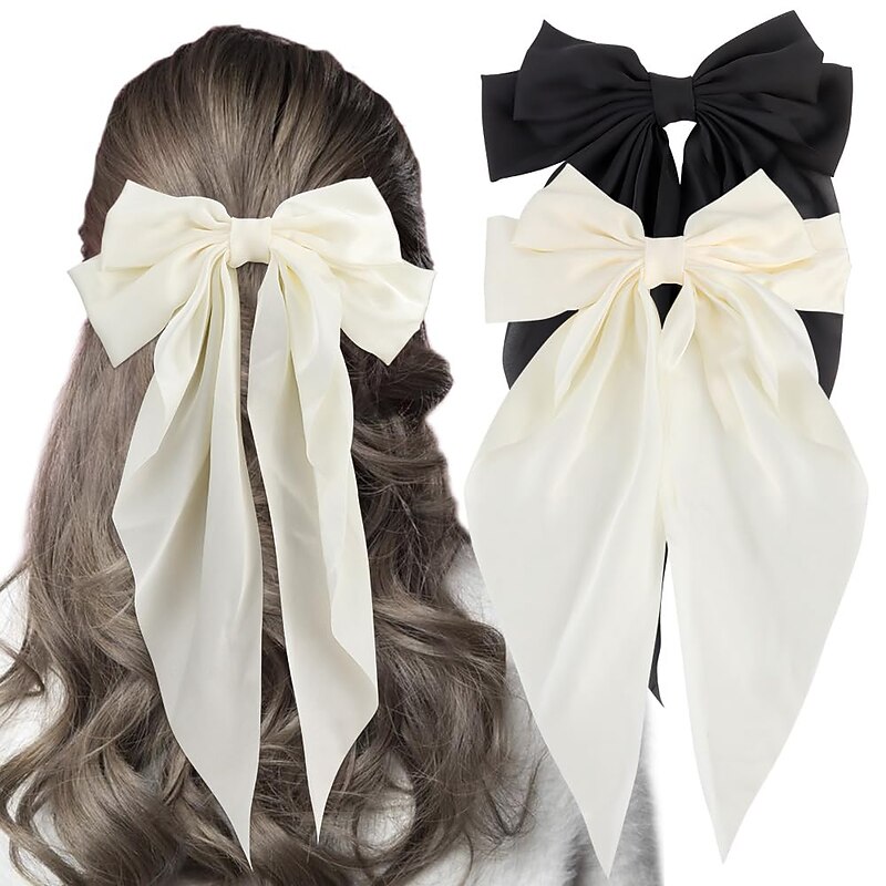 1PC Hair Bows for Women  White Hair Bow Black Hair Bow Silky Satin Hair Ribbon Oversized Long Tail Large Big Hair Bows Hair Barrettes Metal Clips