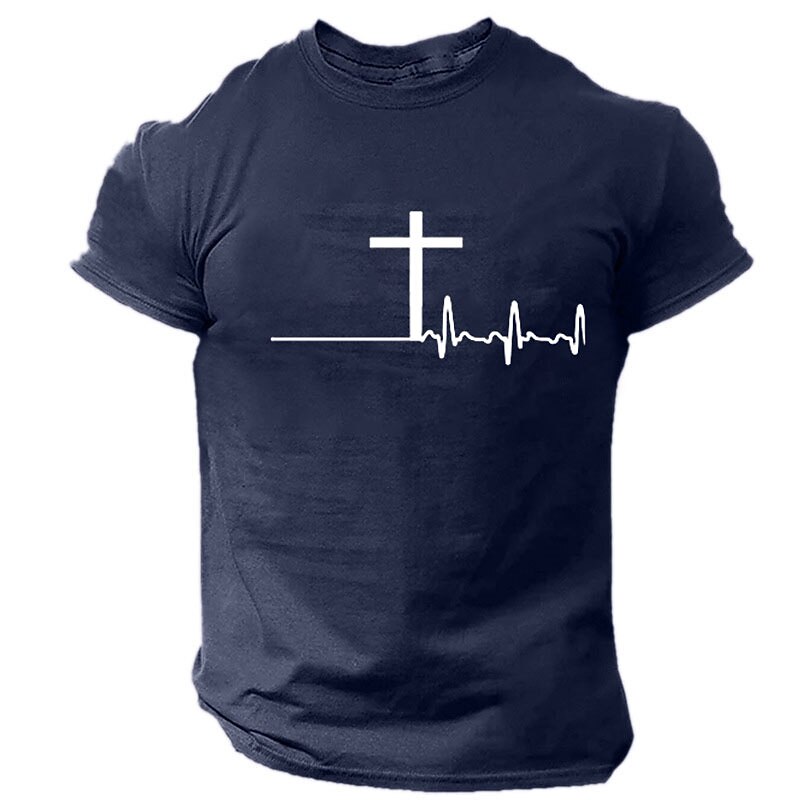 Men's Graphic T-Shirt Christian Cross Heartbeat Design | Religious Faith Short Sleeve